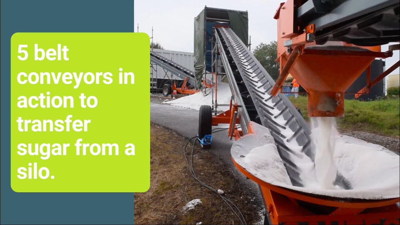 5 belt conveyors in action to transfert sugar from a silo