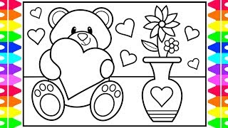 How to Draw a Cute Teddy Bear Holding a Heart ❤️Valentines Day Drawings and Coloring Pages for Kids screenshot 3