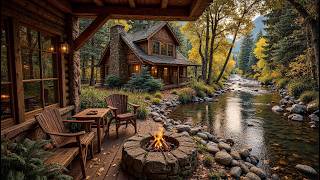 Cozy Autumn Piano Music Riverside Cabin 🍂🔥 Campfire, River Sounds & Forest Ambience for Relaxation