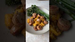 Trader Joe’s Sweet Potato Gnocchi with Cheddar Chicken Sausage + Broccolini easyrecipe dinner