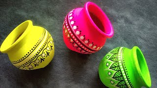 3 Easy pot decoration ideas for beginners | Pot painting ideas | Neon color craft | Doodle Mandala