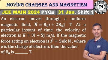 An electron moves through a uniform magnetic field, 𝑩 =𝐁_𝟎 𝒊 +𝟐𝐁_𝟎 𝐣 T. At a particular instant....