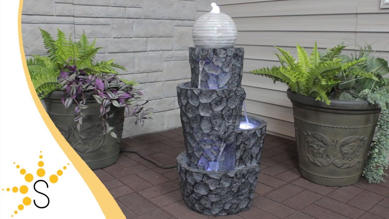 Sunnydaze Hewn Spiral Tower Outdoor Water Fountain with LED Lights DW
