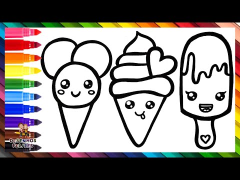 Desenhe e Colora 3 Lindos Sorvetes 🍧🍨🍦❄️🌈 Desenhos Para Crianças