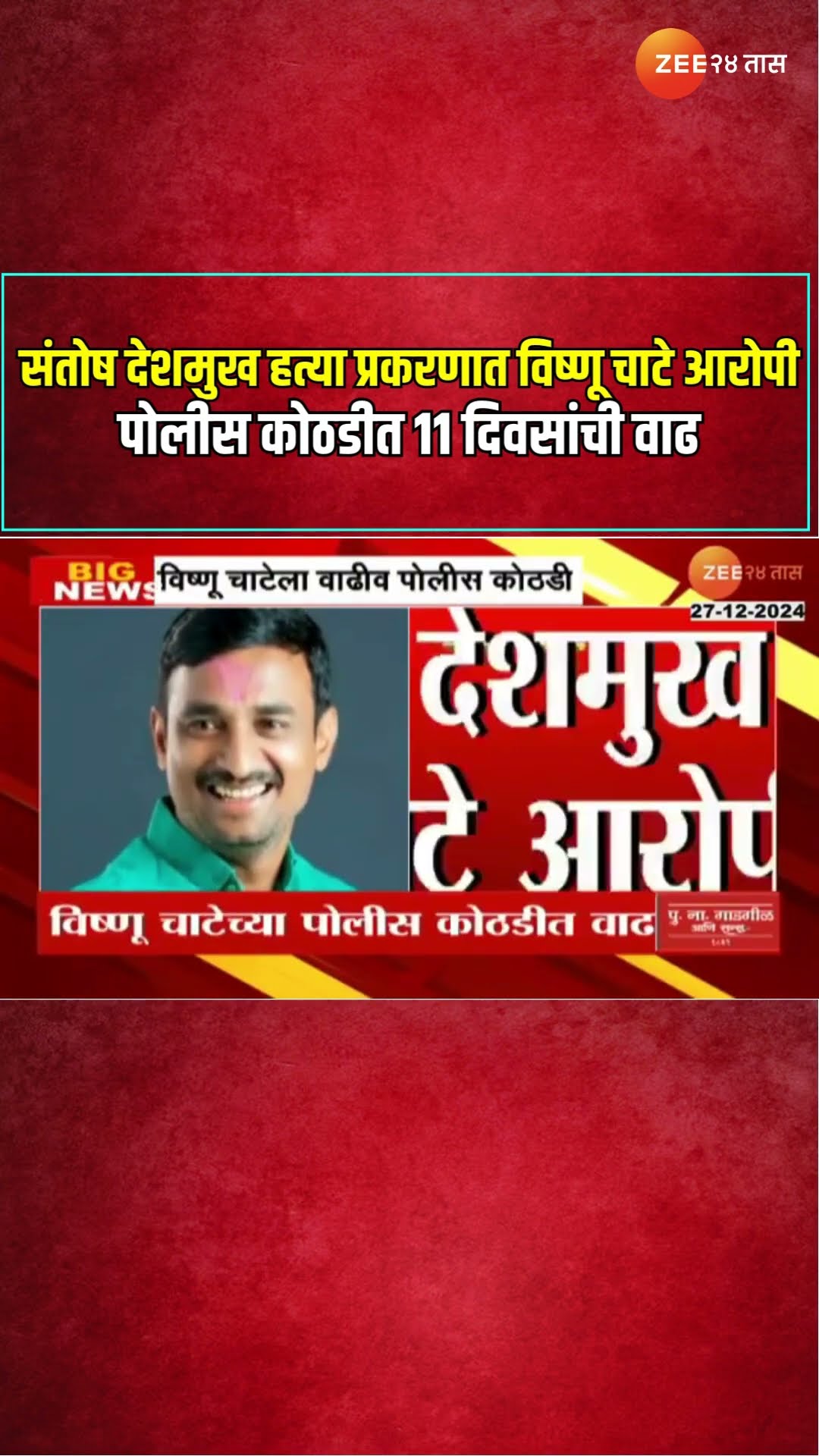 Santosh Deshmukh | संतोष देशमुख हत्येत विष्णू चाटे आरोपी, पोलीस कोठडीत 11 दिवसांची वाढ