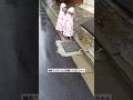 路肩を歩く双子ちゃん　側溝に水がたまってるのを発見！