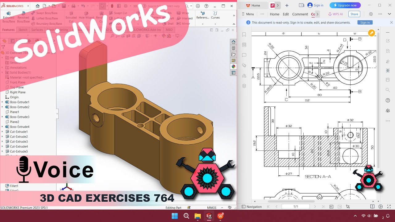 SolidWorks | 3D CAD EXERCISES 764 | StudyCadCam | Solution Tutorial ...