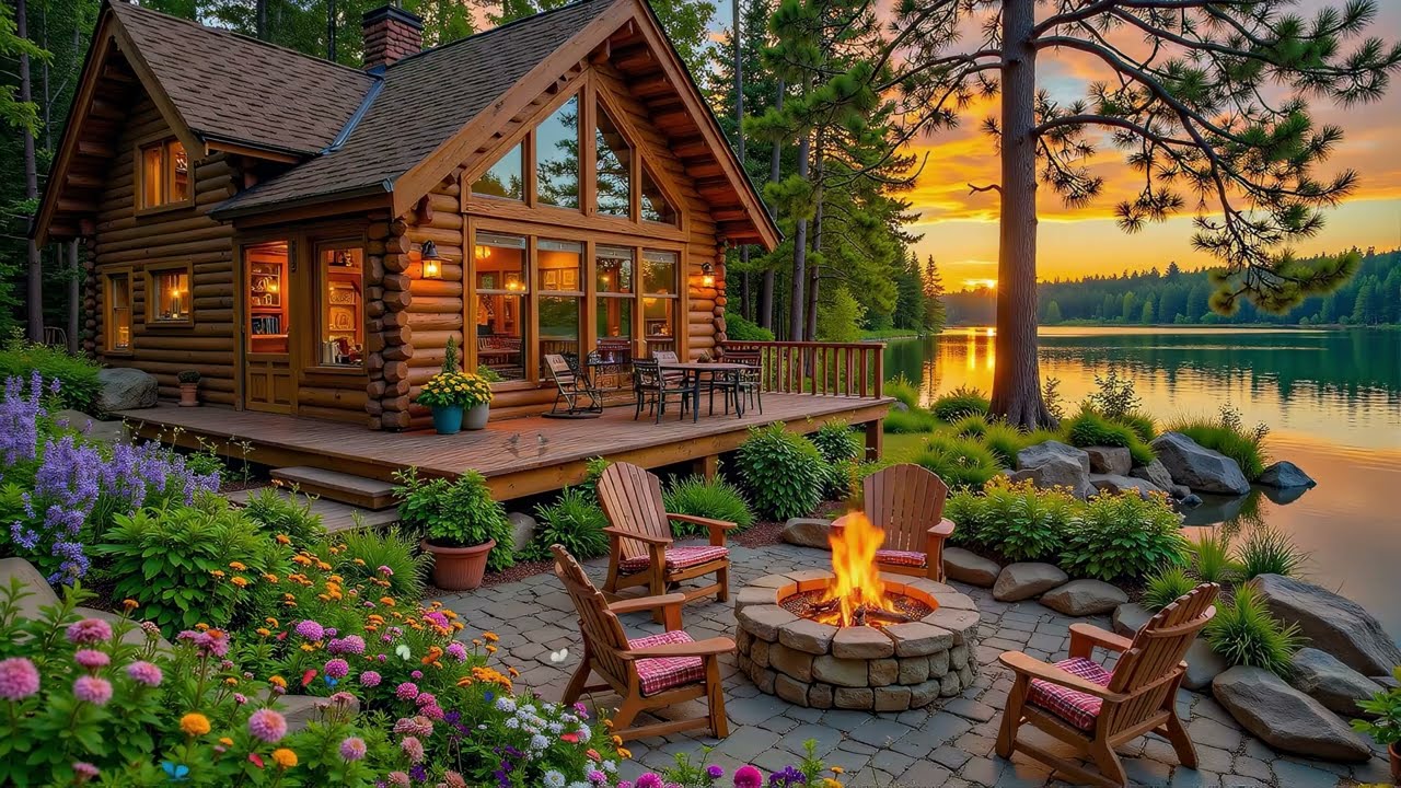 Perfect Spring Lakeside Cabin in Forest 🌿🔥 Crackling Fire, Piano Music & Gentle Nature Sounds