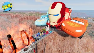 Pixar Car,Iron Man vs Big & Small McQueen,Dinoco,Tow Mater vs Ring FirexBroken Bridge😱-BeamNG.Drive