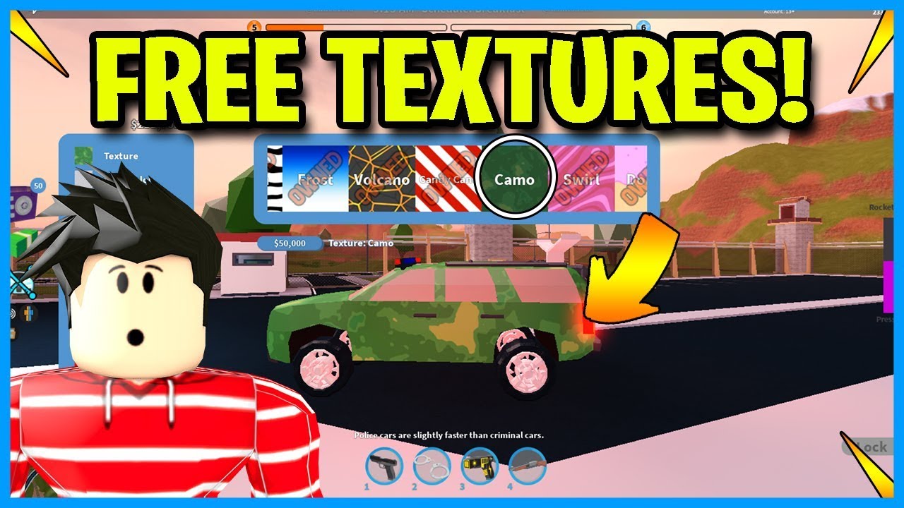 Brand New Glitch In Jailbreak Get All Textures For Free Youtube - roblox camo texture