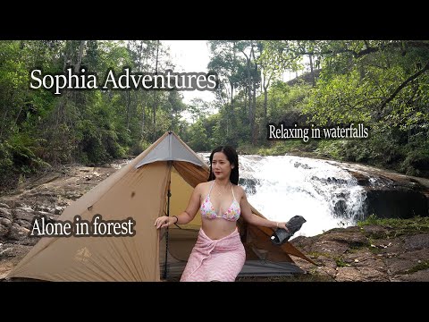 Solo Girl Camping In The Pine Forest - Relaxing Satisfied - nature sounds - Waterfalls