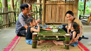 Family life  Cozy meal at the new bamboo dining table/Family happiness/Le Thi Hon