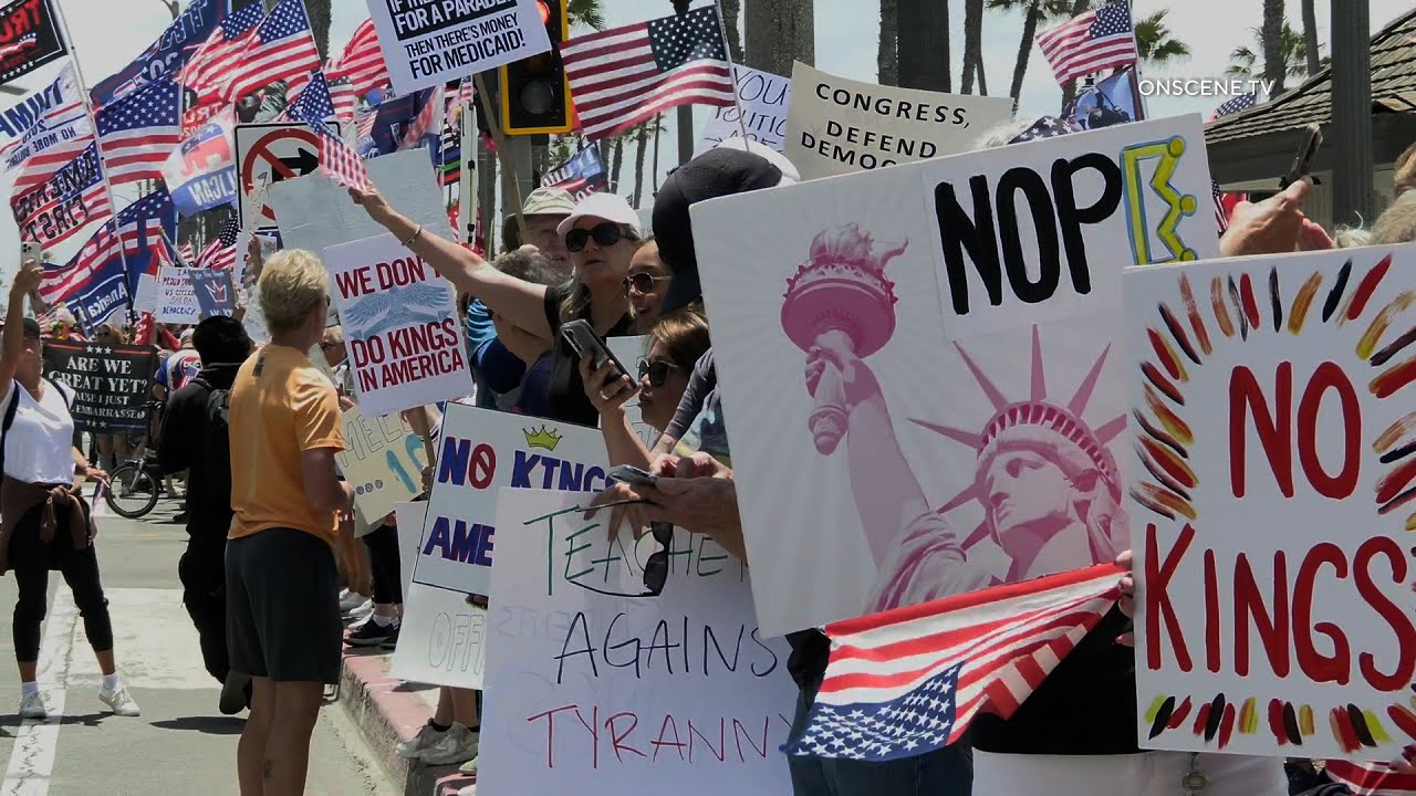 No Kings Protest With Counter Protesters In Huntington Beach, CA