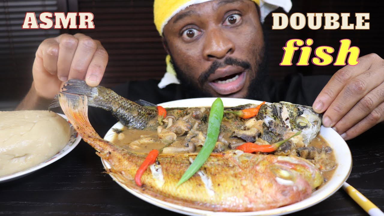 Asmr mukbang Tilapia Black&Pink Fishbone Nsala Pepper Soup/Asmr Plaintain Fufu/African mukbang