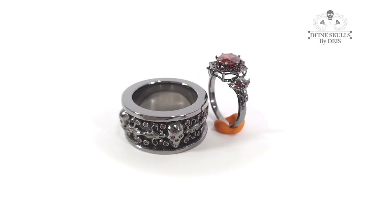 Garnet Skull Promise Ring Set French Flower Vampire Skull Couple Set
