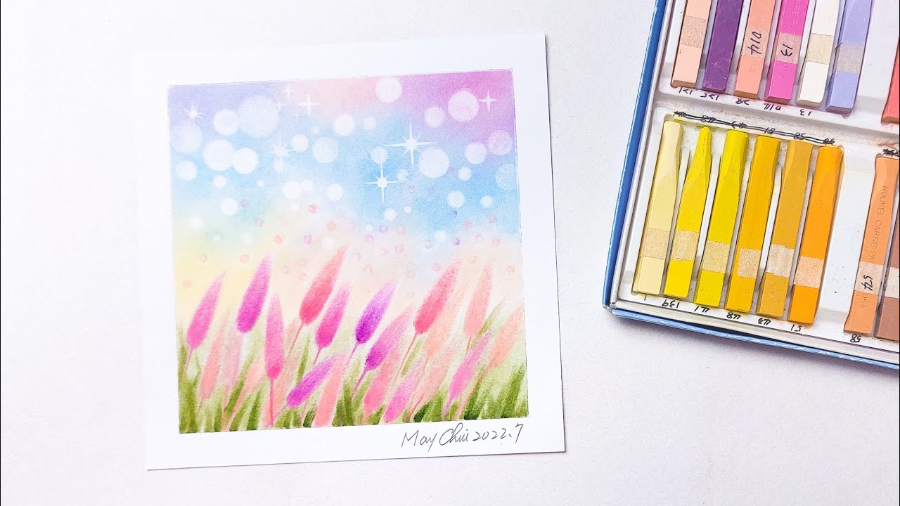 和諧的粉彩畫 粉色的草 Drawing Pink Grasses - Easy Soft Pastels Drawing