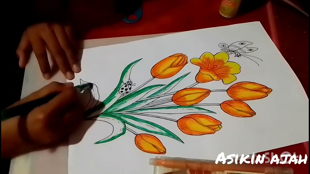 Cara mudah mewarnai bunga tulip dengan crayon