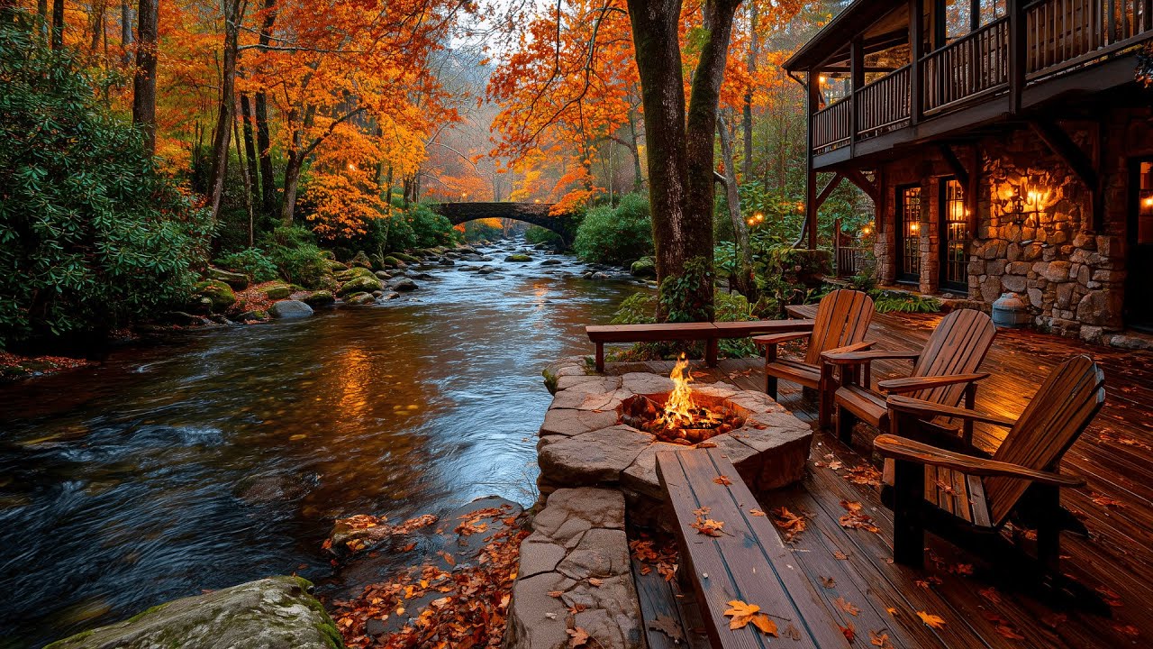 Rustic Riverside Cabin | Cozy Porch Firepit & Birds Songs Ambience