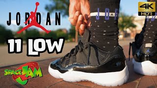 EARLY LOOK!! JORDAN 11 LOW SPACE JAM DETAILED REVIEW & ON FEET W LACE SWAP!!