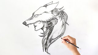 Drawing a Wolf Girl Face: Pencil Sketch - Step by step Tutorial For Beginners | Wearing Wolf head