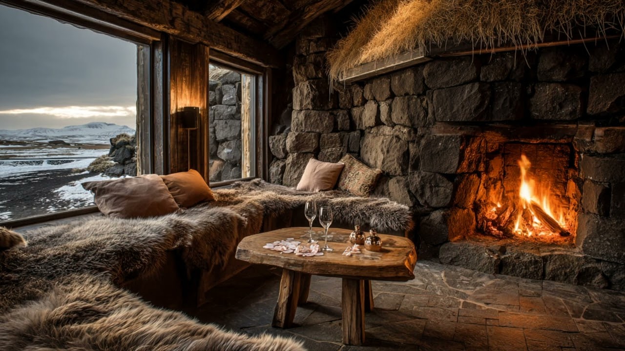 8 Hour Icelandic Turf House Fireplace | 4K UHD Romantic Fire Crackling Sounds | Cozy Winter Escape