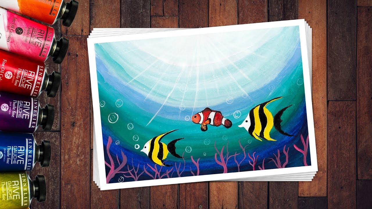 How To Draw A Beautiful Scenery Of Fish Under Sea Water With Watercolor ...