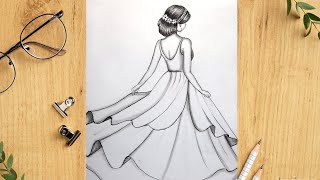 How to draw a girl with beautiful dress -step by step || Pencil sketch for beginners || Girl Drawing