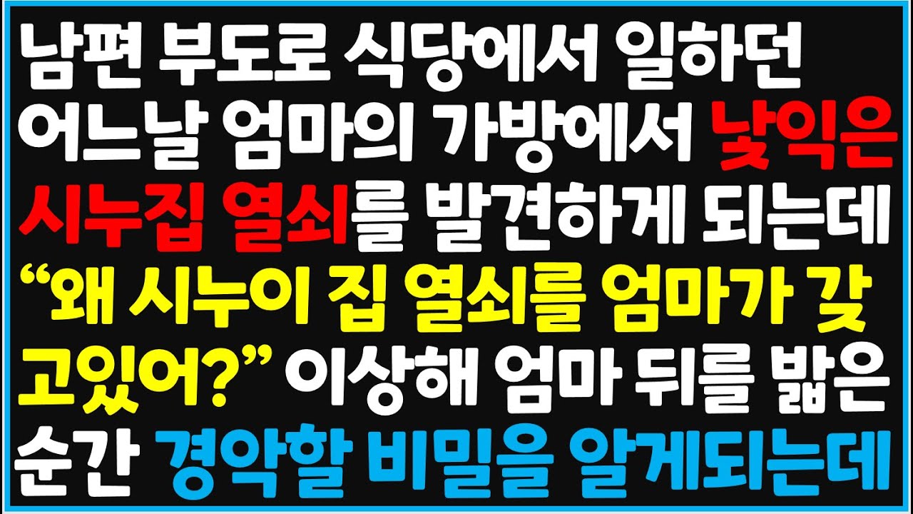 (신청사연) 남편 부도로 식당에서 일하던 어느날 엄마의 가방에서 낯익은 시누집 열쇠를 발견하게 되는데.. 경악할 비밀에 소름이 [사이다사연][감동사연][라디오 드라마][오디오북]
