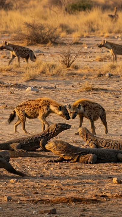 Hyenas watches the Komodo dragon—two predators, a silent standoff in the wild #hyenas #wildlife