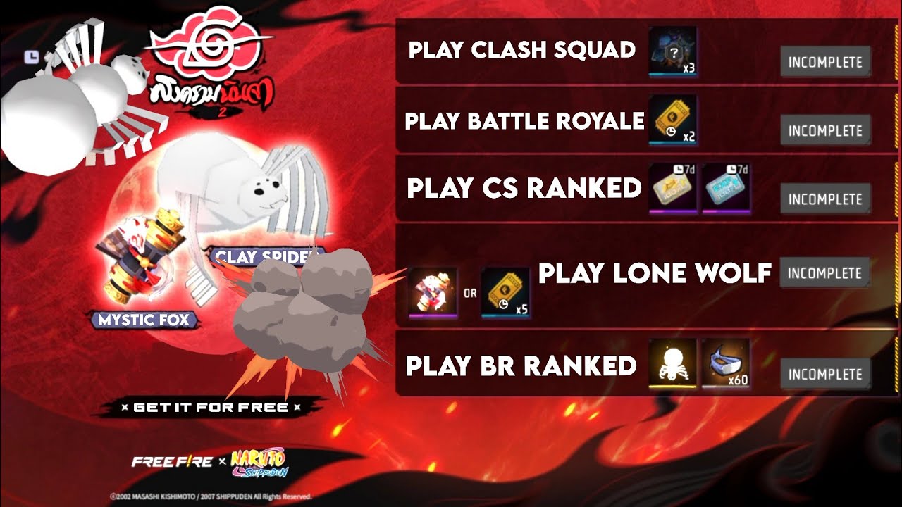 Get Clay Spider Grenade Skin for Free + Mystic Fox Backpack in Free Fire MAX x NARUTO Event