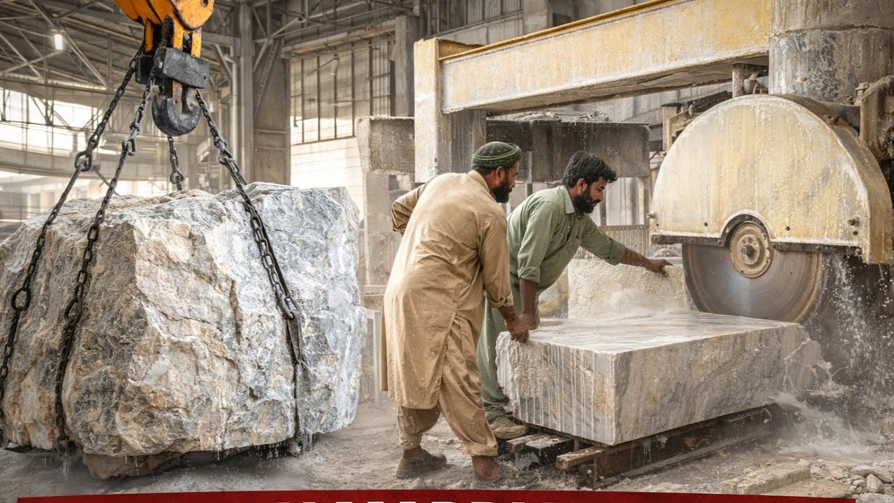 Heavy Marble Stone Lifting & Cutting into Stunning Slabs