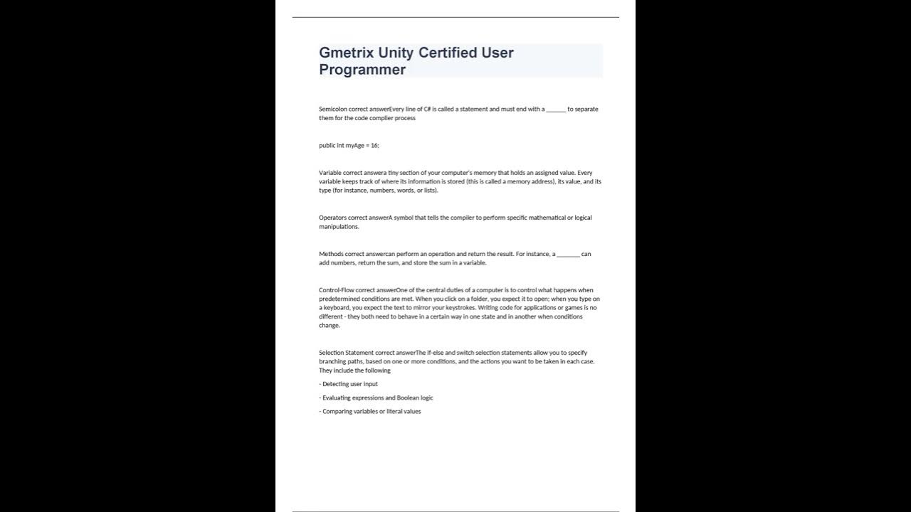 GMETRIX UNITY CERTIFIED USER PROGRAMMER EXAM 2023 WITH 100% CORRECT