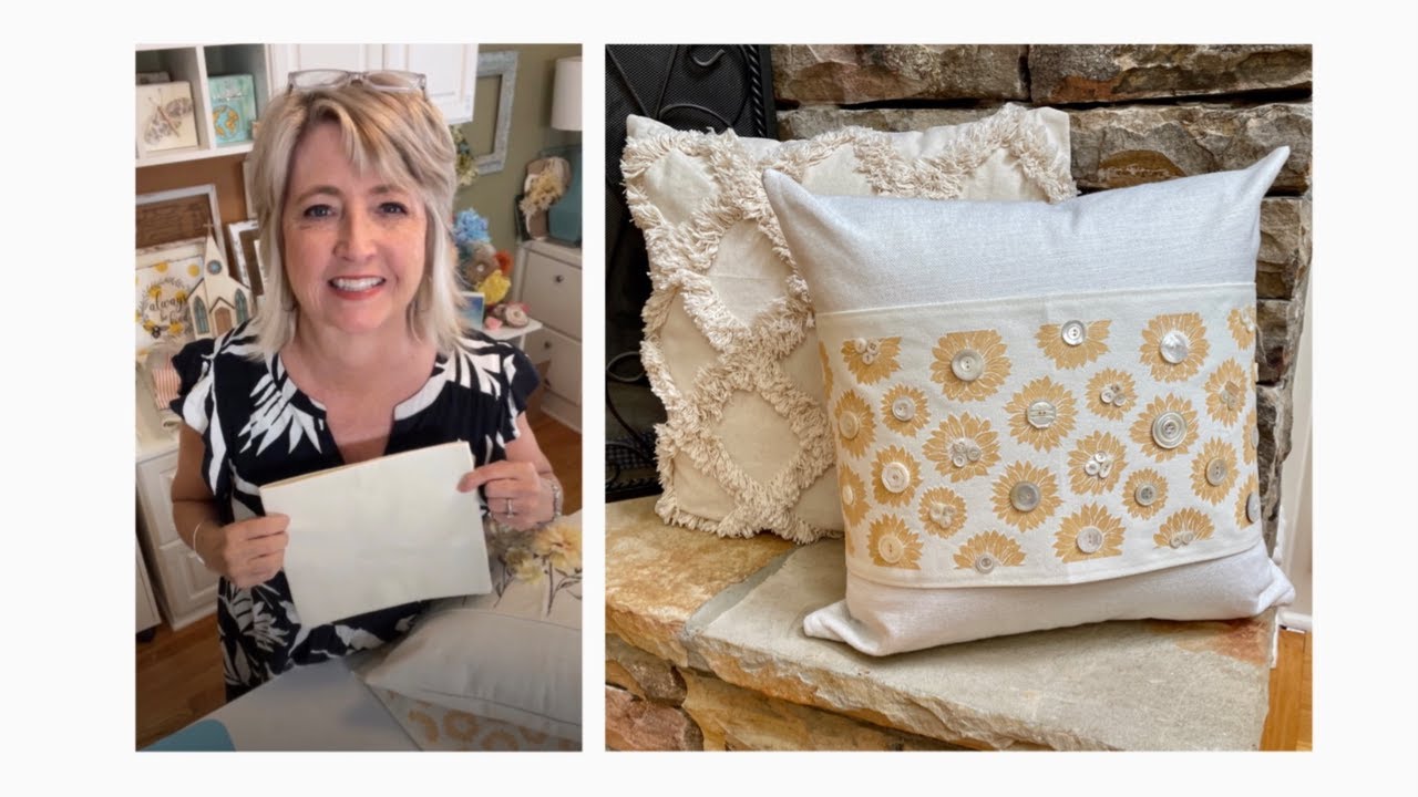 How to make a pretty sunflower pillow wrap in gold and white with vintage mother of pearl buttons