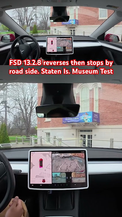 FSD 13.2.8 reverses then stops by road side. Staten Is. Museum Test #teslafsd #fsdbeta #fsd