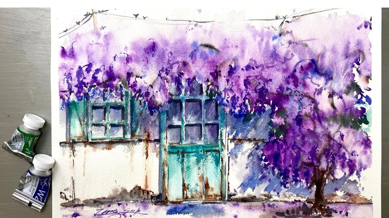Watercolor Painting Wisteria and Cozy HouseTutorial Step by Step