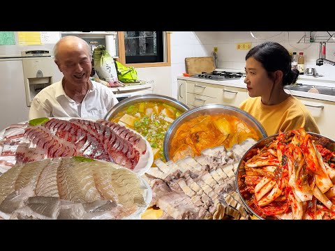 시골집 먹방 브이로그 생선회 멍게 돼지고기김치찜 된장찌개 군고구마 Country house mukbang vlog sashimi Kimchi stew boiled pork