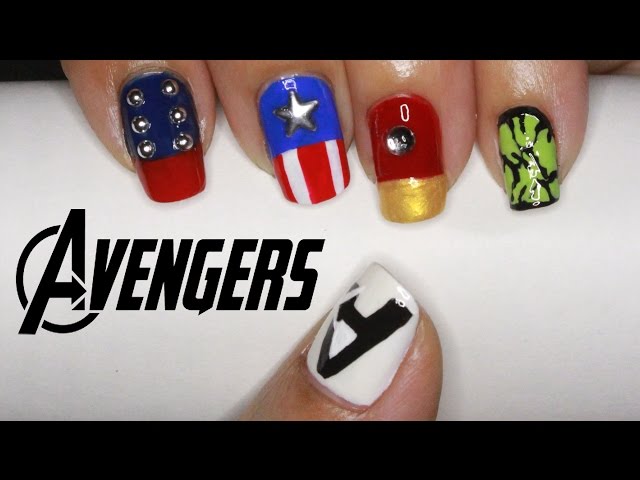 Avengers Nail Art (Cpt. America, Iron Man, Nick Fuery, and Black Widow) |  Trendy Fingers