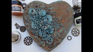 rusty heart mixed media canvas with rust and patina paste