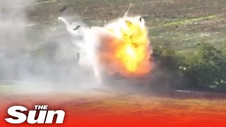 Ukrainian forces blow up an unsuspecting Russian tank in a massive blast