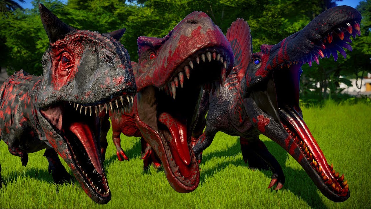 🌏 Jurassic World Evolution - Tyrannosaurus Rex Vs Spinosaurus Vs Carnotaur...