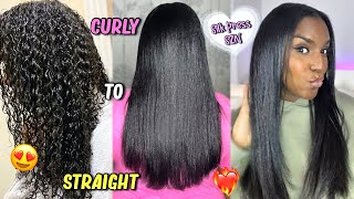 CURLY TO STRAIGHT ROUTINE From Start To Finish | DIY Silk Press Routine