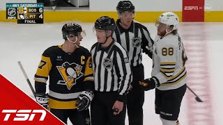 Sidney Crosby gets mad at David Pastrnak for last-second clapper