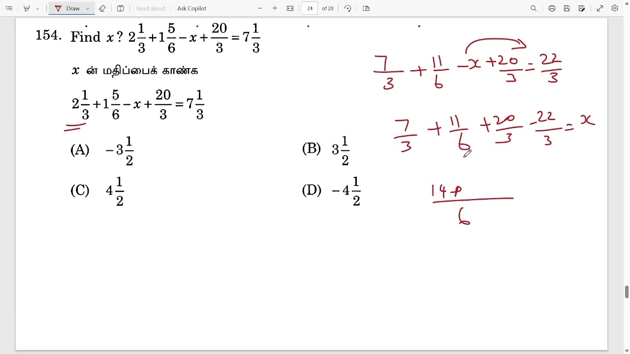 Find x? 2 1/3 +1 5/6 - x + 20/3 = 7 1/3 - YouTube