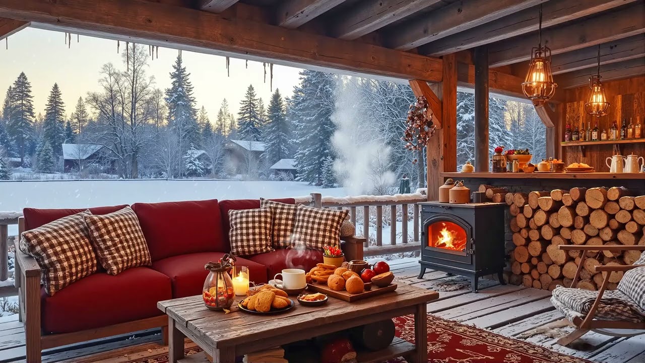 Snowy Winter Porch Jazz ☕ Cozy Fireplace Ambience & Smooth Jazz Music for Calm Relaxing Moments