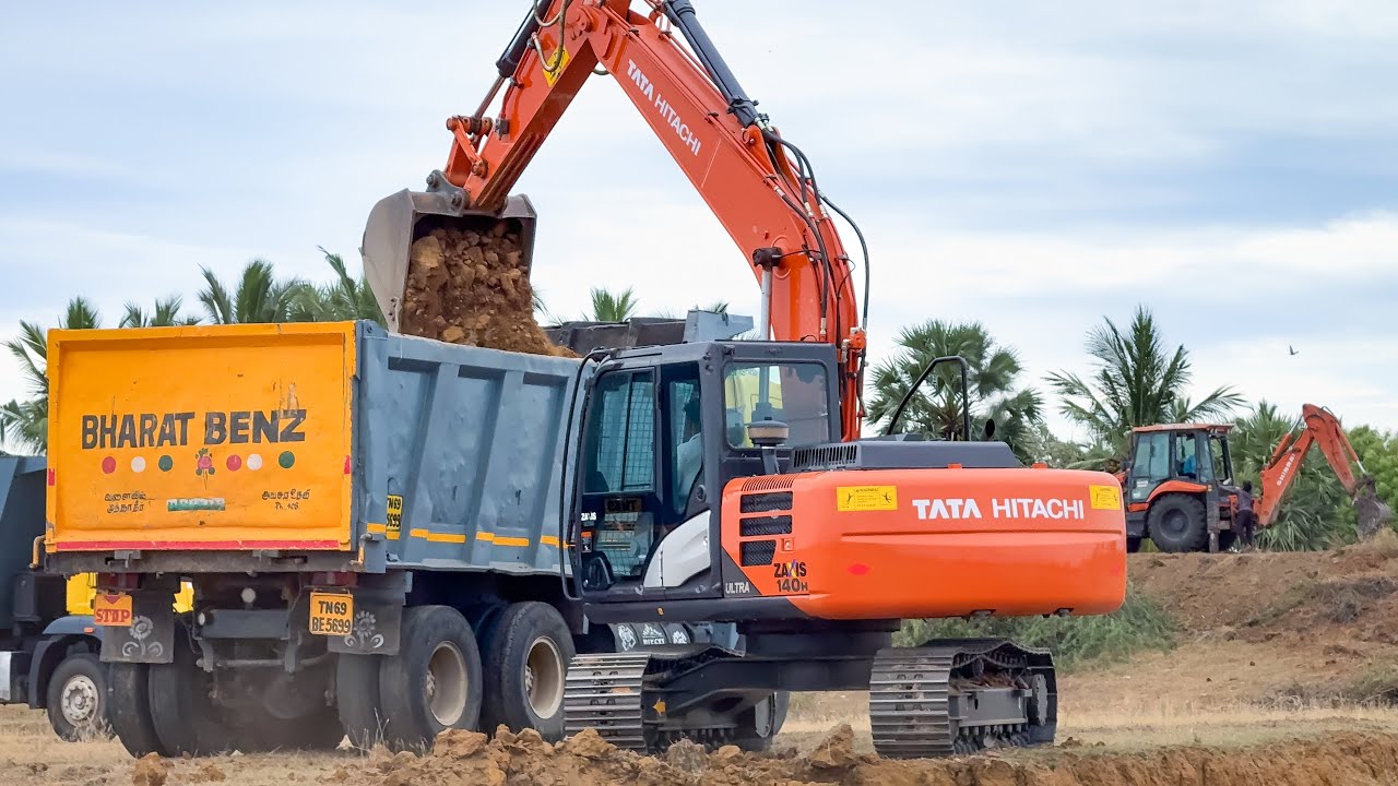 TATA Zaxis 140 Excavator Loading Mud BharatBenz Truck Tata SHINRAI Backhoe Loader Pond dredging work