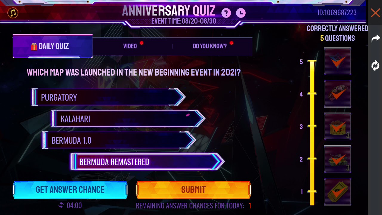 25th August 4th anniversary quiz answer Free fire