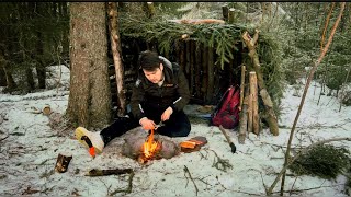 Overnight Survival: Snowy Forest Shelter Construction