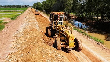 Wonderful Construction Road By Motor Grader, Motor Grader Spreading Red Gravel Foundation Road