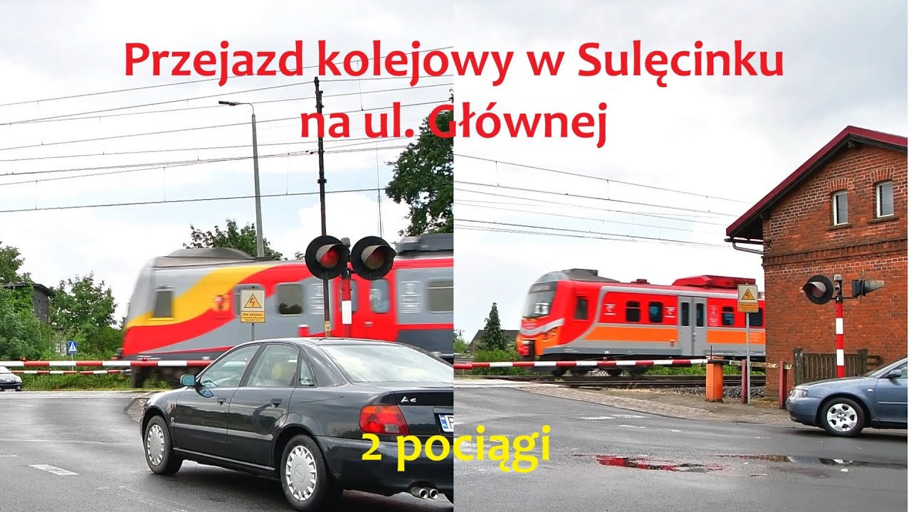 Przejazd kolejowy w Sulęcinku na ul. Głównej - 2 pociągi