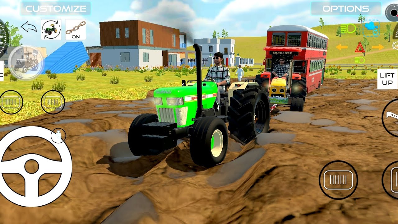 🚜🚜Two tractors pulled out a double-decker bus stuck in the mud Swaraj 963 & htm in game🚛😱💥
